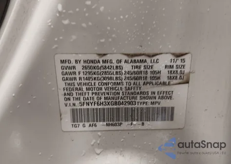 2016 Honda Pilot Ex z USA, uszkodzony, nr VIN 5FNYF6H3XGB042903